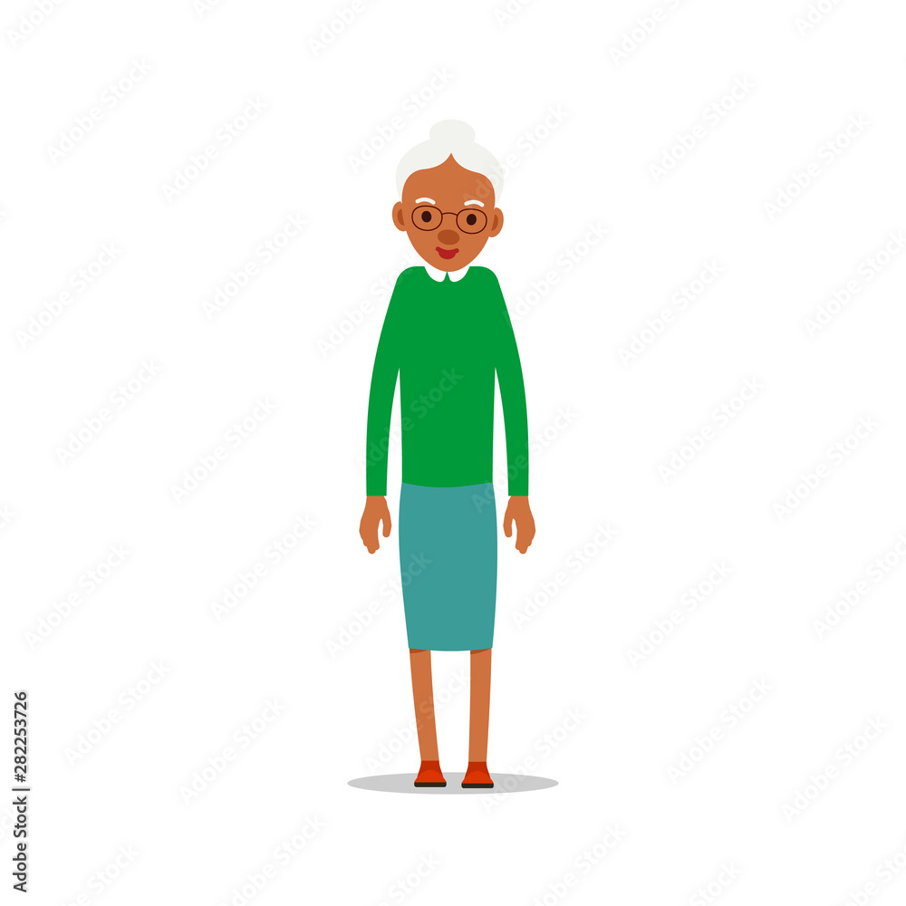 Happy african old women. Cute grandmother standing and smiling. Traditional retirement lifestyle. Older black lady retired. Cartoon illustration isolated on white background in flat style Happy african old women. Cute grandmother standing and smiling. Traditional retirement lifestyle. Older black lady retired. Cartoon illustration isolated on white background in flat style