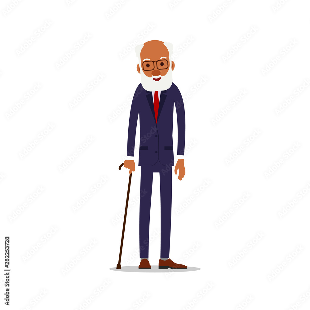 Attractive african old man. Older black senior retired. Cute grandfather standing and smiling. Traditional retirement lifestyle. Cartoon illustration isolated on white background in flat style Attractive african old man. Older black senior retired. Cute grandfather standing and smiling. Traditional retirement lifestyle. Cartoon illustration isolated on white background in flat style