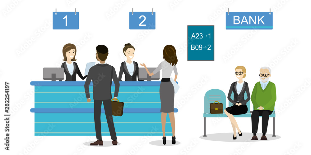 Male and female clients standing and talking to managers of bank or credit department. Male and female clients standing and talking to managers of bank or credit department.