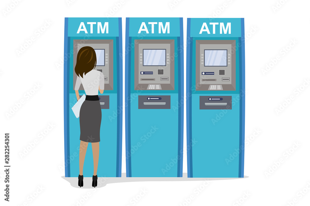 Cartoon young woman uses a cash point automated ATM cash machine Cartoon young woman uses a cash point automated ATM cash machine