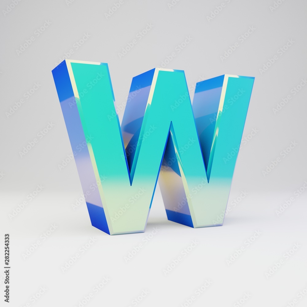 Sky blue 3d letter W uppercase. Metal font with glossy reflections and shadow isolated on white background. Sky blue 3d letter W uppercase. Metal font with glossy reflections and shadow isolated on white background.