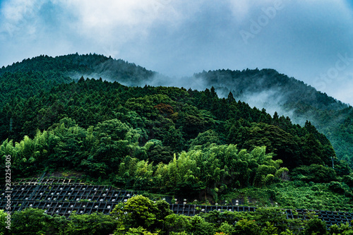 View of mountains in Saraguri town on a raining day near Nanzoin temple in Sasaguri, Fukuoka Prefecture, Japan photo