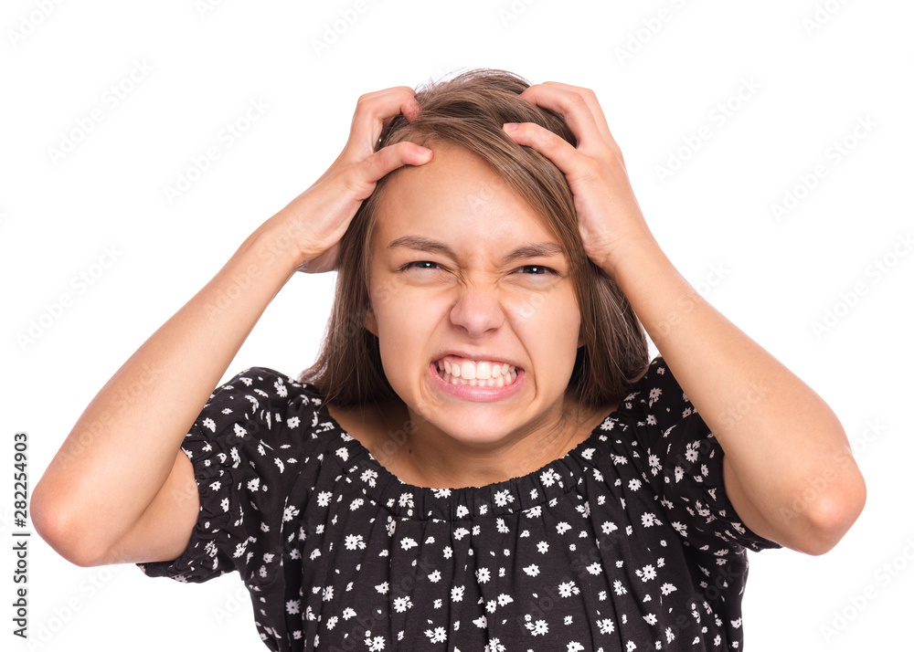Angry teen girl, isolated on white background. Human emotions, facial  expression concept. Upset child looking furious and crazy rage, hold hands  behind her head. Frustration, emotional portrait. Photos | Adobe Stock