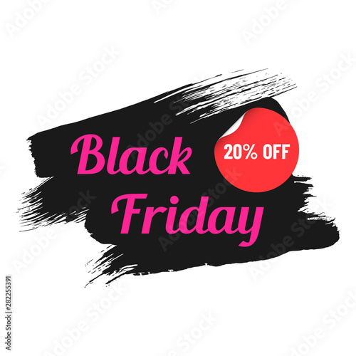 black friday pink lettering on black brush stroke with round red discount sticker. 20 percents off discount. black friday commercial illustartion for seasonal promotions and advertising in stores