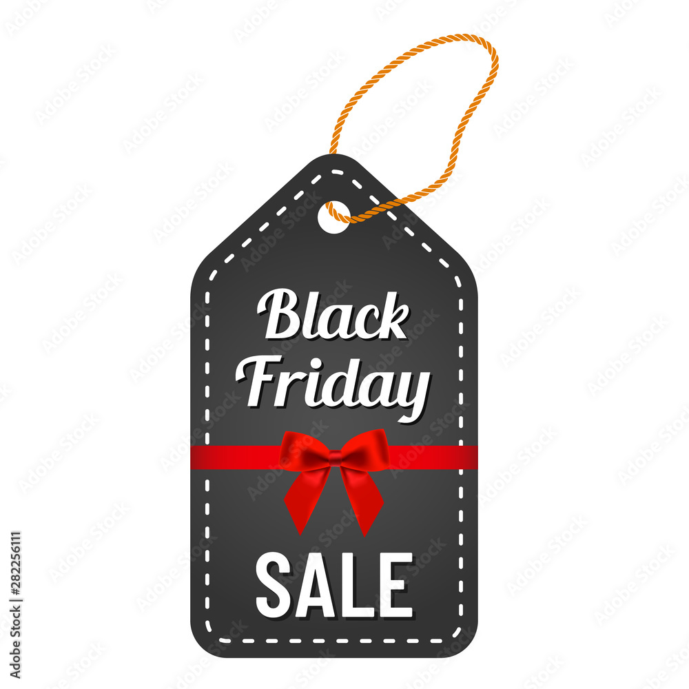 black friday sale white lettering with yellow thread and red ribbon and bow on trendy black tag. black friday commercial illustartion for seasonal promotions and advertising in stores