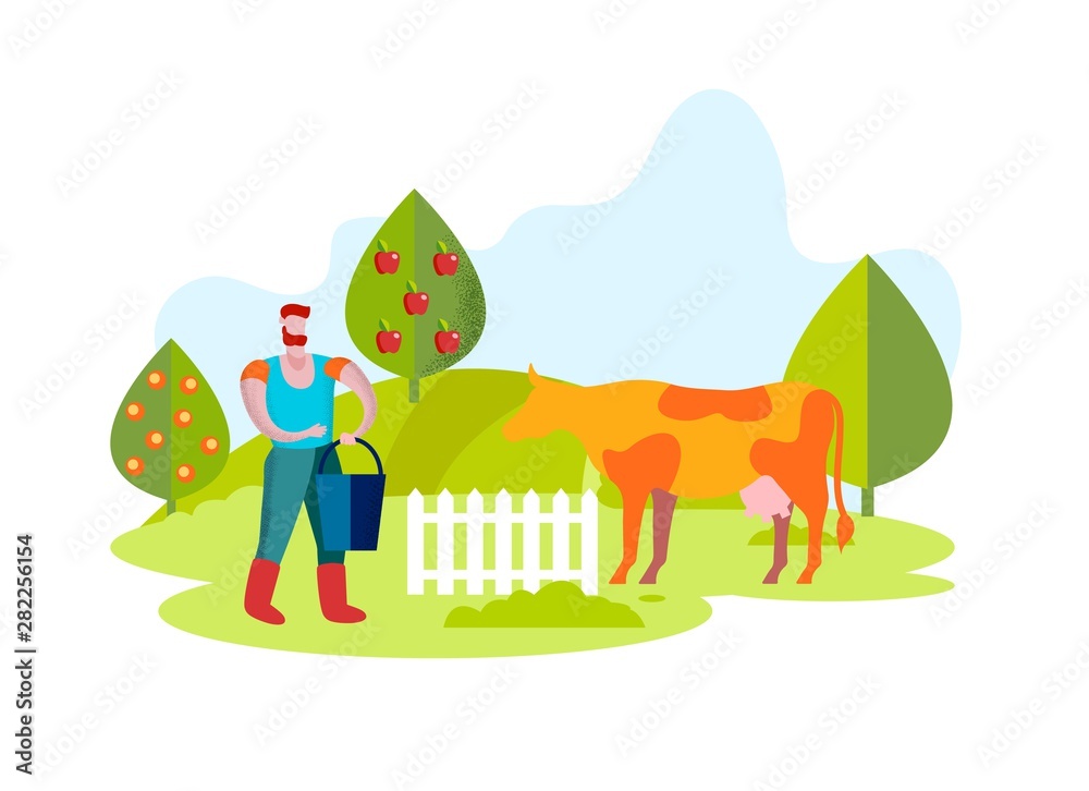 Man in Working Robe Holding Bucket for Feeding Cow Man in Working Robe Holding Bucket for Feeding Cow