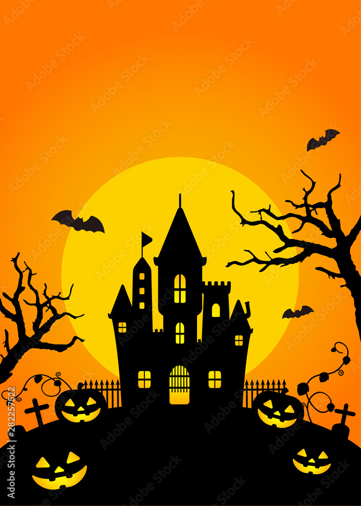 Halloween silhouette background vector illustration. Poster (flyer) template design (text space) / orange