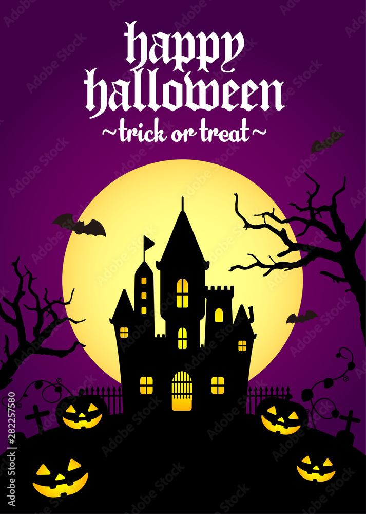 Halloween silhouette background vector illustration. Poster (flyer) template design  / purple