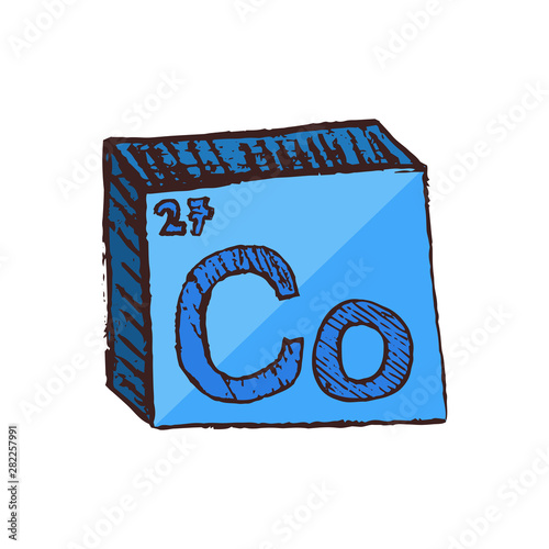 Vector three-dimensional hand drawn chemical blue symbol of metal cobalt with an abbreviation Co from the periodic table of the elements isolated on a white background.