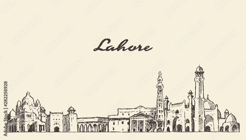 Lahore skyline Punjab Pakistan drawn vector sketch