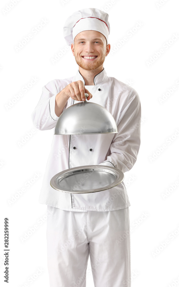 Handsome male chef with tray and cloche on white background Handsome male chef with tray and cloche on white background