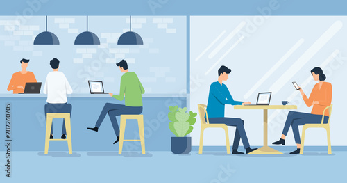 flat vector  working in workplace cafe and business team meeting concept