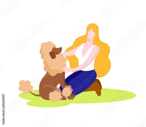 Happy Woman Playing with Poodle Dog Isolated.