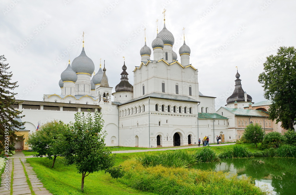 Rostov the Great, Yaroslavl region, Russia - July 24, 2019: Gate Church of the Resurrection and the Assumption Cathedral in the Rostov Kremlin. The Golden Ring of Russia 