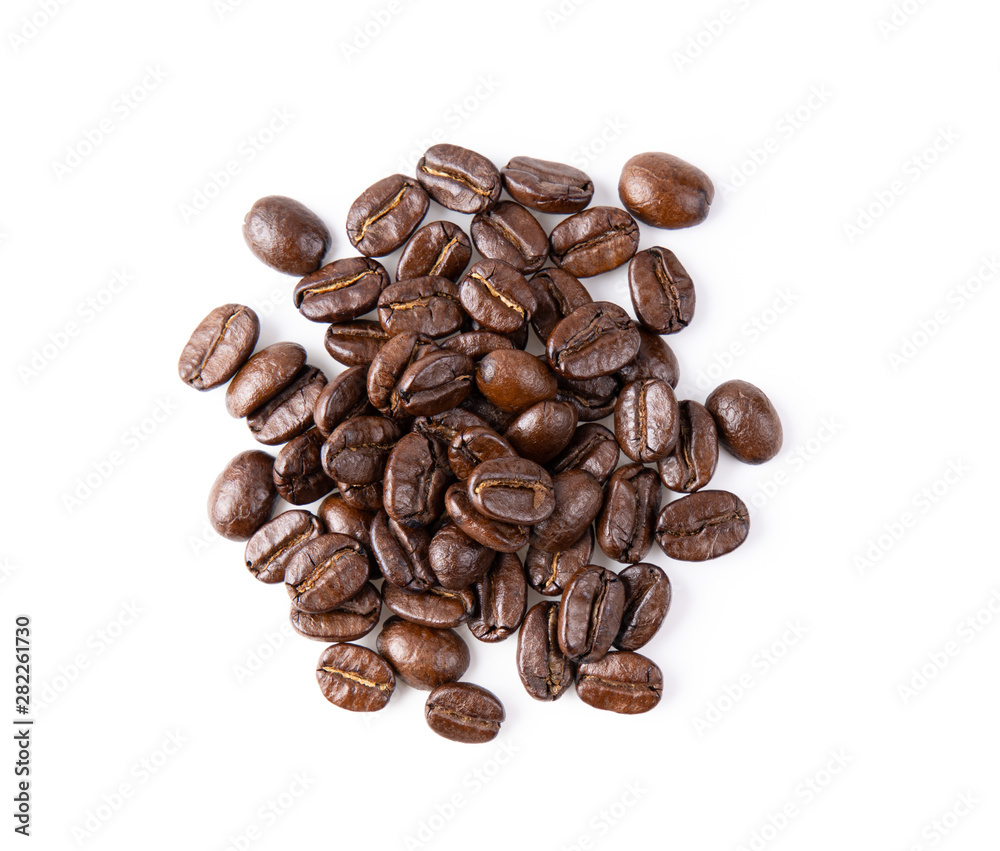 roasted coffee beans isolated in white background. top view