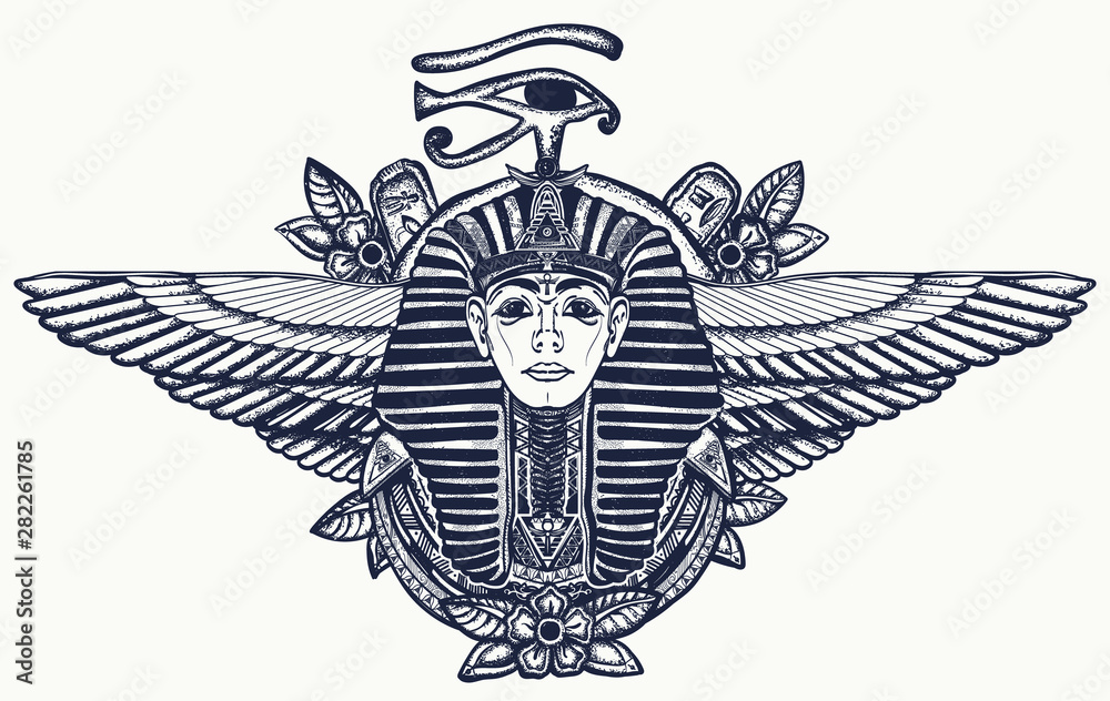 Ancient Egypt tattoo. Pharaoh, Sun eye and wings Horus god. Egyptian great  king. Tutankhamen. T-shirt design Stock Vector | Adobe Stock