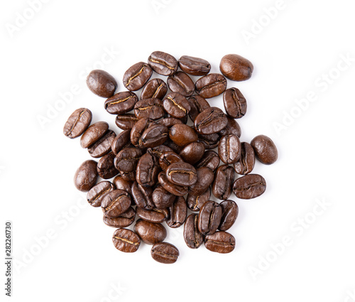 roasted coffee beans isolated in white background. top view