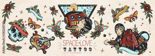 Love in outer space. Retro futuristic old school tattoo collection. Lovers. Kissing robot, girl astronaut, mechanical heart, Mars mountains. Sci-fi movie funny art. Traditional tattooing style