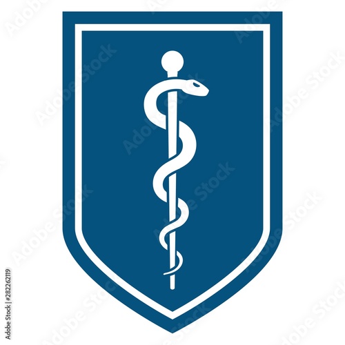Medical symbol - Staff of Asclepius or Caduceus icon on the shield. The snake entwined around a wooden staff. Other name Rod of Aesculapius