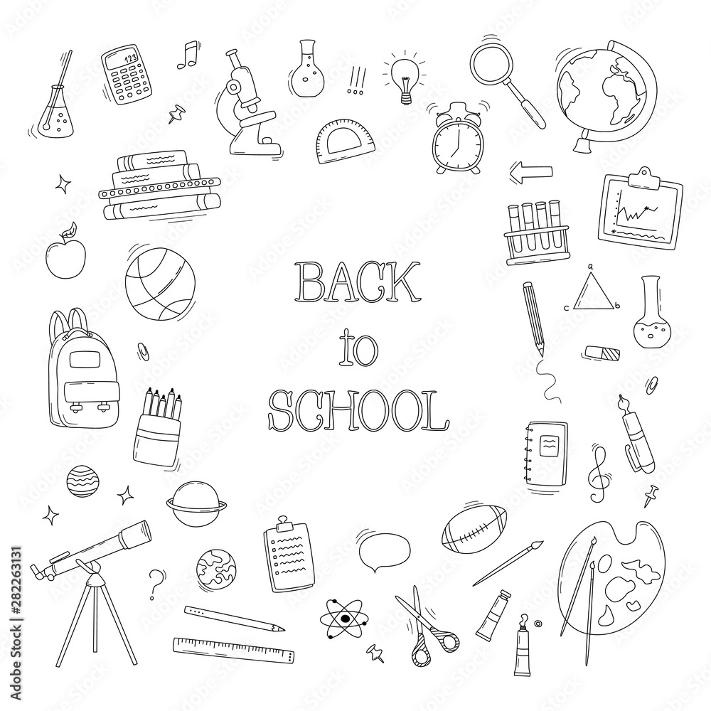 Back to School doodle set. Various school stuff - supplies for sport, art, reading, science, geography, biology, physics, mathematics, astronomy, chemistry. Vector isolated over white background. Back to School doodle set. Various school stuff - supplies for sport, art, reading, science, geography, biology, physics, mathematics, astronomy, chemistry. Vector isolated over white background.