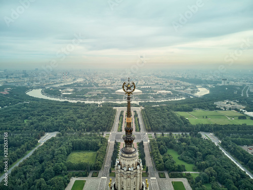 Aerial view of Lomonosov Moscow State University MGU on Sparrow Hills, Moscow, Russia. Aerial drone panorama view photo