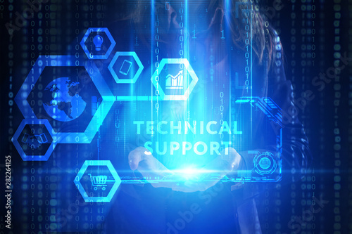 The concept of business, technology, the Internet and the network. A young entrepreneur working on a virtual screen of the future and sees the inscription: Technical support