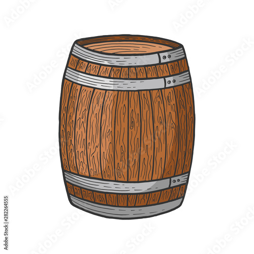 Wine beer wooden barrel color sketch engraving vector illustration. Scratch board style imitation. Black and white hand drawn image.