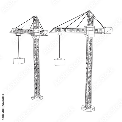 Tower construction building crane. Wireframe low poly mesh vector illustration