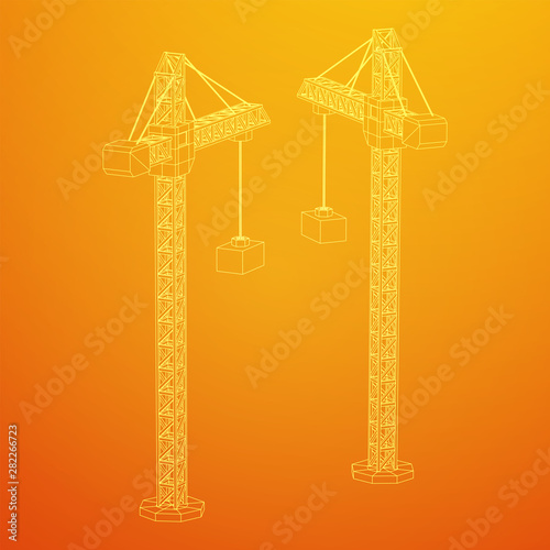 Tower construction building crane. Wireframe low poly mesh vector illustration