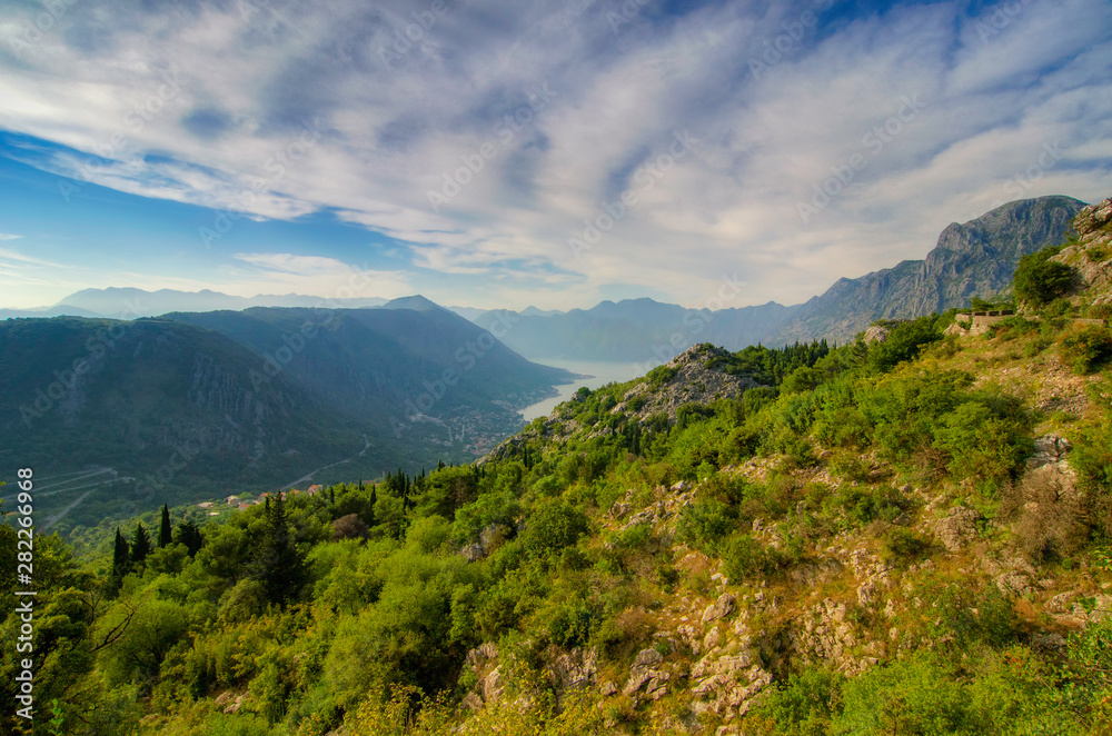 Kotor bay with beautiful rocky mountain on the sunrise, Montenegro