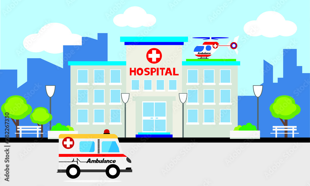 Obraz premium Medical concept with hospital buildings and ambulances in a smooth style