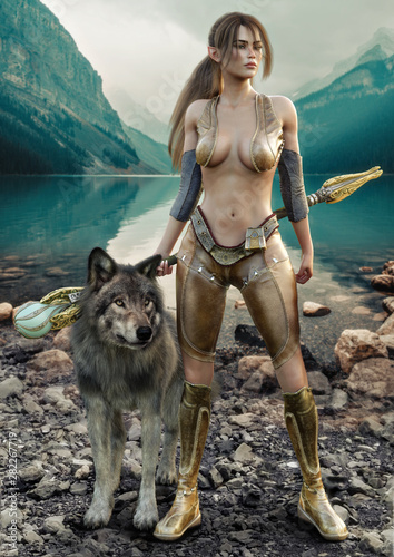 Dekoracja na wymiar  portrait-of-a-female-magical-druid-holding-her-enchanted-staff-and-posing-with-her-tamed-wolf-from-the-wild-fantasy-themed-character-with-stunning-mountains-backdrop-and-lake-background-3d-rendering