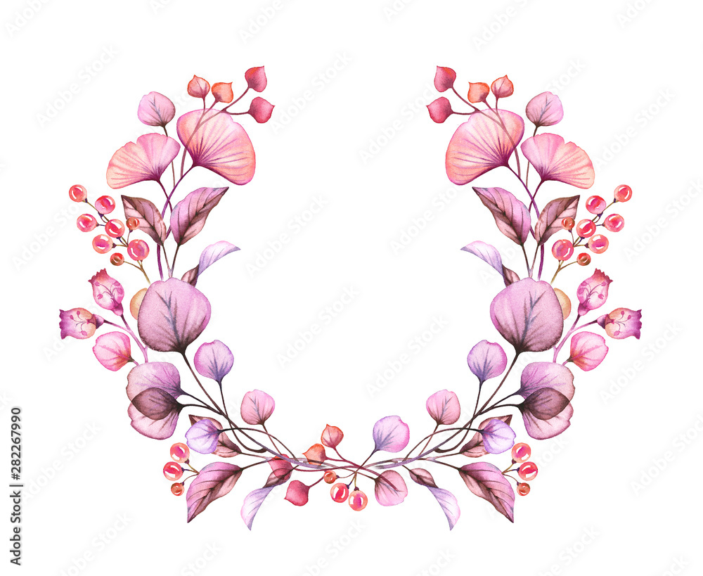 Watercolor Transparent flowers wreath isolated on white floral round arrangement of berries, leaves, branches bundle in pastel pink violet purple botanical illustration logo wedding design elements
