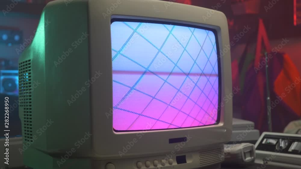 Animated 80s 90s retro background with a glitch on a retro tv screen