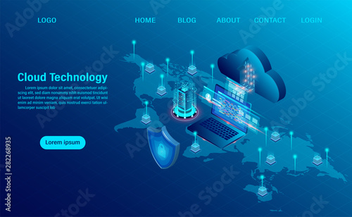 Cloud Computing Concept. Online computing technology. Big data flow processing concept, 3d servers and datacenter. isometric flat design. Vector illustration.