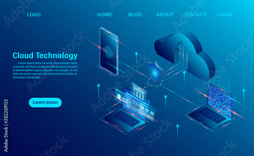 Cloud Computing Concept. Online computing technology. Big data flow processing concept, 3d servers and datacenter. isometric flat design. Vector illustration.