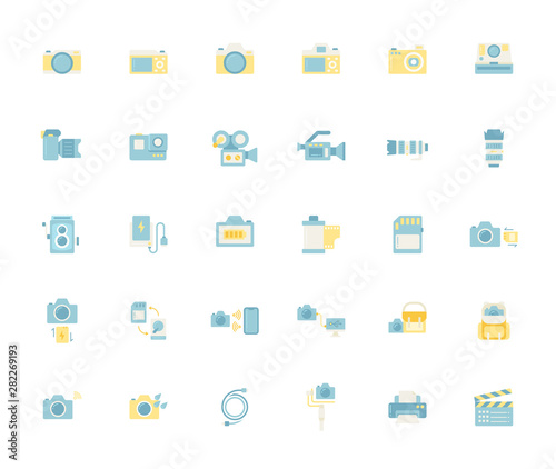 Flat color design icon set of photography camera, cinema or movie camera, action camera and accessories concept.