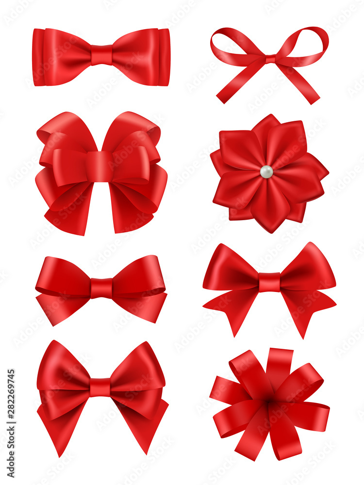 Bow realistic. Ribbons for decoration hair bow celebration party items vector collection. Illustration of red bow ribbon, satin silk tie