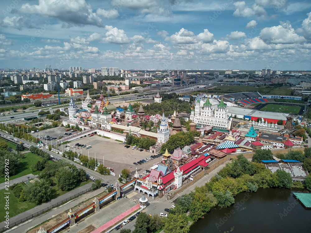 Fototapeta premium Panorama of the Izmailovo Kremlin in Moscow, Russia. Panoramic aerial drone view