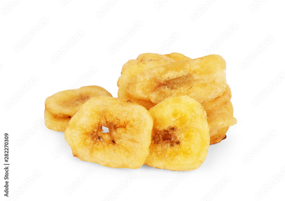 Pile of dried sliced bananas snack on a white background