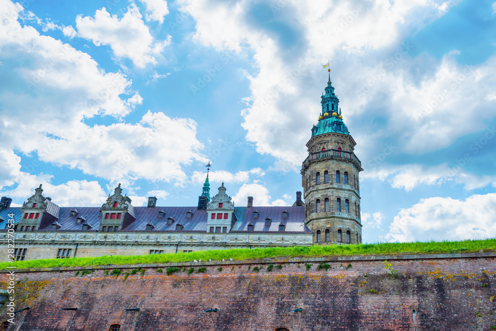 Beautiful view of Kronborg castle against a cloudy sky. Denmark. Sights. Architecture.
