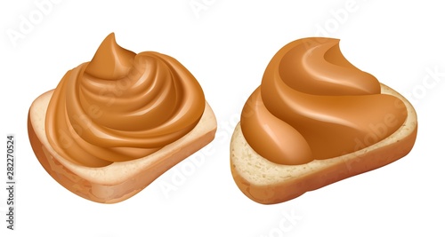 Peanut butter sandwiches. Vector realistic peanut butter swirl on bread. Illustration of sandwich with peanut cream, bread with sweet