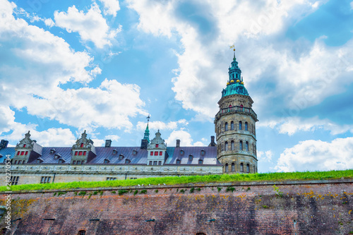 Fototapeta Naklejka Na Ścianę i Meble -  Beautiful view of Kronborg castle against a cloudy sky. Denmark. Sights. Architecture.
