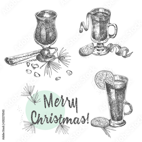Set of hand drawn Christmas winter spices pattern and glasses of traditionally hot winter drinks. Mulled wine, eggnog, grog, cider, chocolate. Good idea for templates menu, recipes, greeting cards