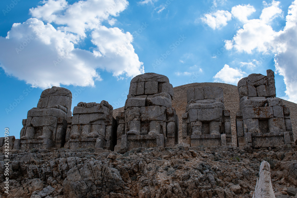 Turkey: the east terrace of Nemrut Dagi, Mount Nemrut, where in 62 BCE King Antiochus I Theos of Commagene built a tomb-sanctuary flanked by huge statues of himself and Greek, Armenian and Median gods