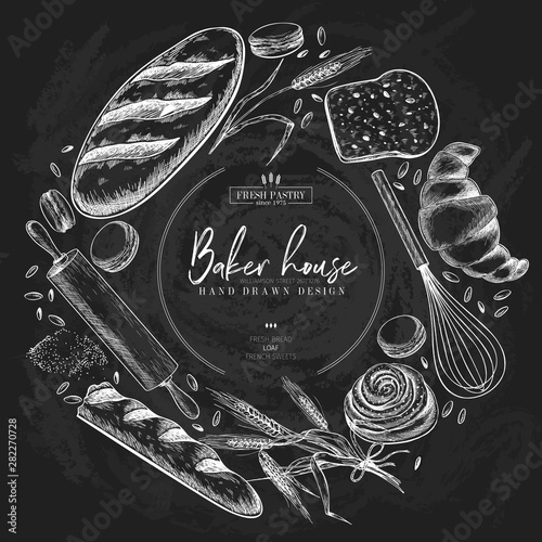 Bakery set. Hand drawn bread, loaf, croissant, pretzel, macaron, pie, baguette. Wheatl flour pastry. Chalkboard vector engraved banner. For restaurant and cafe menu, baker shop pasty sweets.