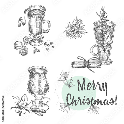 Set of hand drawn Christmas winter spices pattern and glasses of traditionally hot winter drinks. Mulled wine, eggnog, grog, cider, chocolate. Good idea for templates menu, recipes, greeting cards