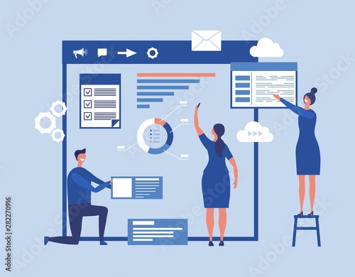 Web development concept. Vector interface designers create a web page. Illustration of interface web, designer create ui application
