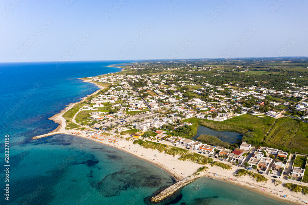 Aerial view, Italy, Puglia, Lecce, Torre Rinalda, public beach on the sea, Spiaggiabella Beach