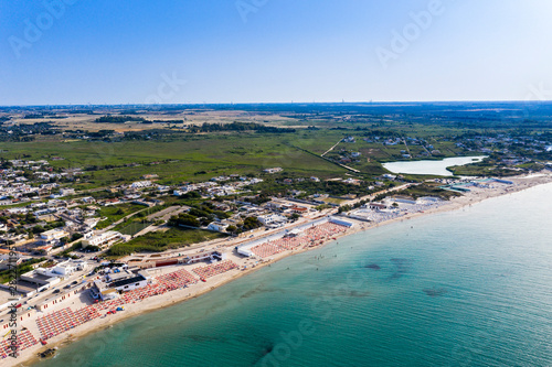 фотографія Aerial view, Italy, Puglia, Lecce, Torre Rinalda, public beach on the sea, Spiag